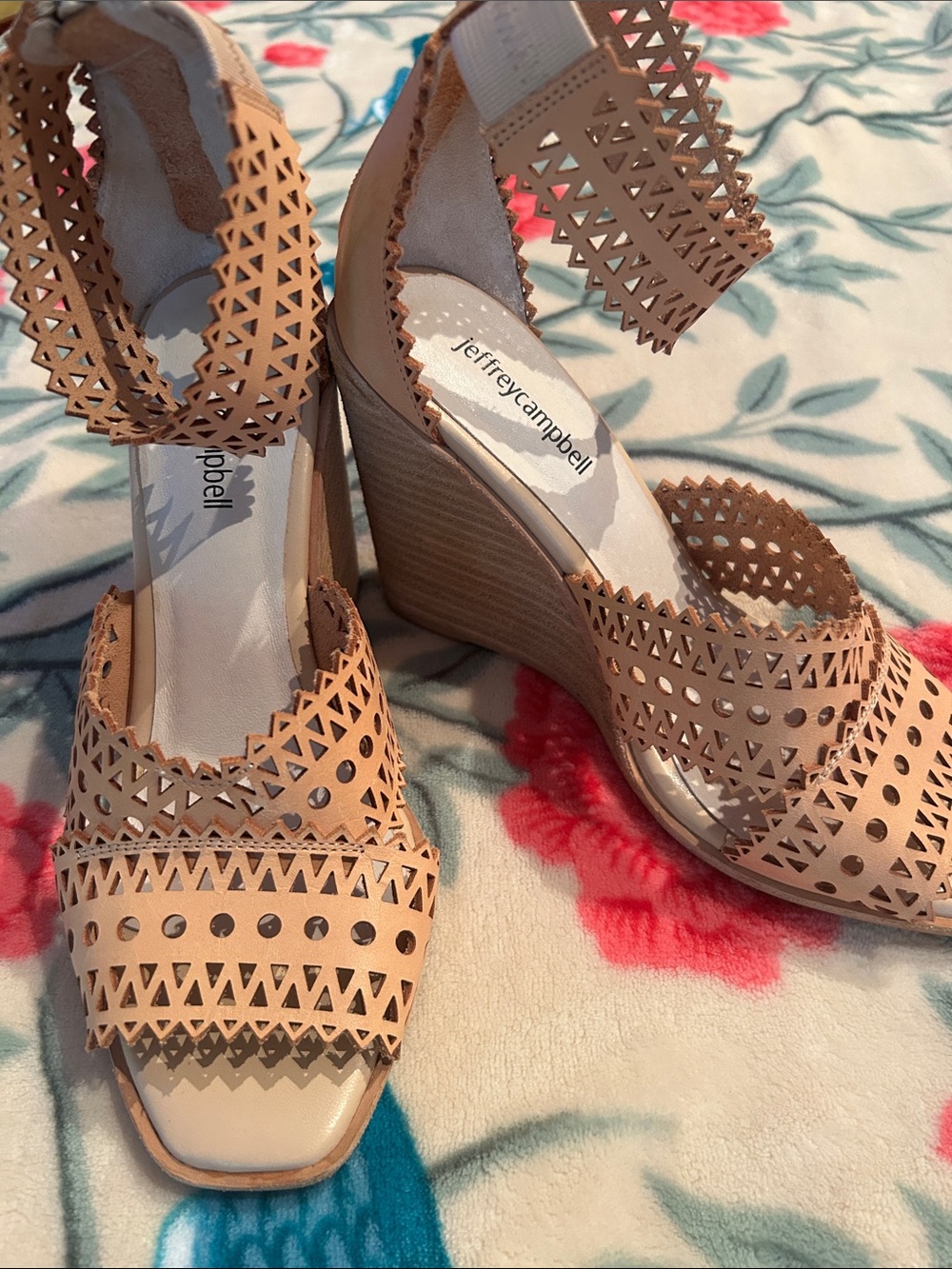Jeffrey Campbell Nude Laser‑Cut Ankle Strap Wedges